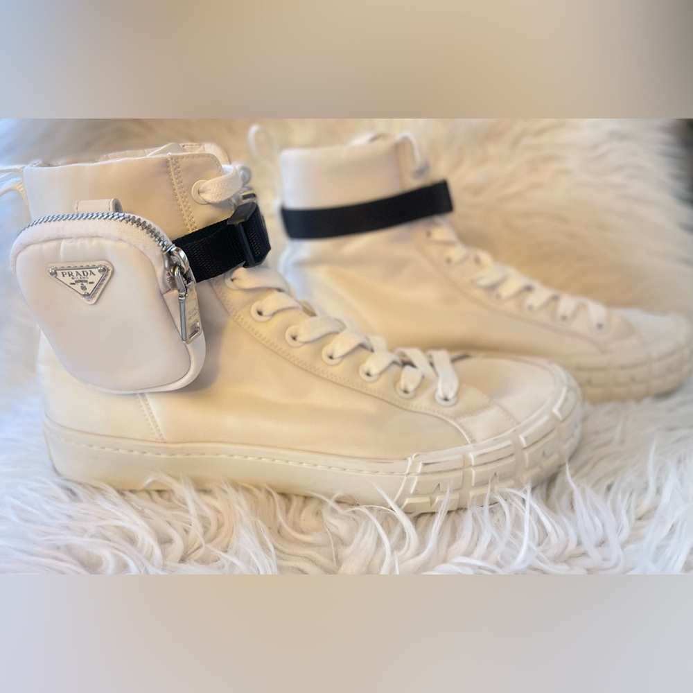 Prada White High-Top Sneakers with Black Strap